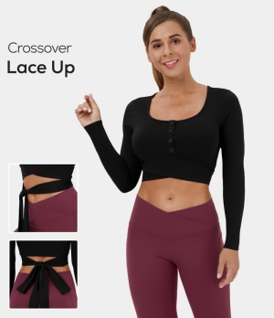 Halara U Neck Button Crossover Hem Lace Up Cropped Yoga Sports Women's Tops Black | SFPAHCE-13