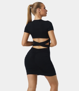 Halara U Neck Crisscross Cut Out Ruched Plain Mini Bodycon Women's Dress Black | 136278-VIH