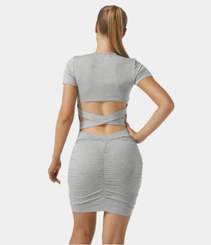 Halara U Neck Crisscross Cut Out Ruched Plain Mini Bodycon Women's Dress Porcelain White | 501436-BED