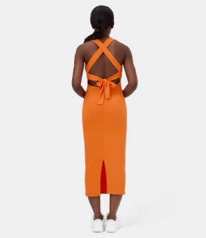 Halara U Neck Crisscross Lace Up Split Bodycon Midi Casual Women's Dress Ash Orange | 094713-IBC