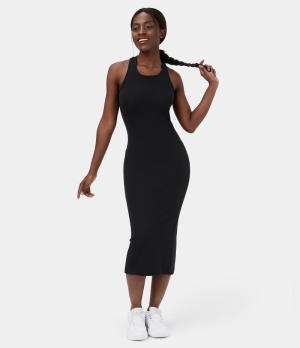 Halara U Neck Crisscross Lace Up Split Bodycon Midi Casual Women's Dress Black | 689320-QVT