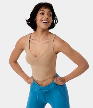 Halara U Neck Cropped Tank Women's Tops Khaki | DAKILBZ-97