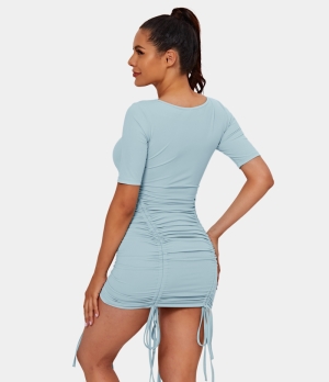 Halara U Neck Drawstring Ruched Plain Mini Bodycon Women's Dress Light Blue | 546387-NBA