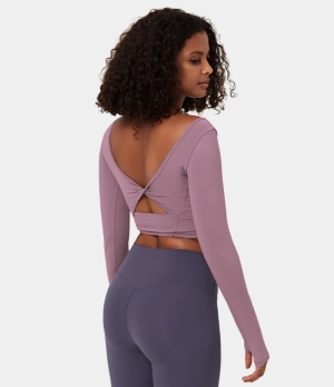 Halara U Neck Thumb Hole Backless Twisted Cropped Sports Women's Tops Dusky Orchid | ESUBDPZ-10