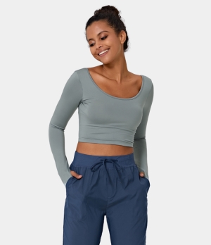 Halara U Neck Thumb Hole Backless Twisted Cropped Sports Women's Tops Ice Blue | MQLXENR-21