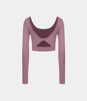 Halara U Neck Thumb Hole Backless Twisted Cropped Sports Women's Tops Dusky Orchid | TAIEKMG-96