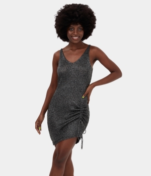 Halara V Neck Backless Side Drawstring Mini Casual Sweater Women's Dress Black | 520168-GRI