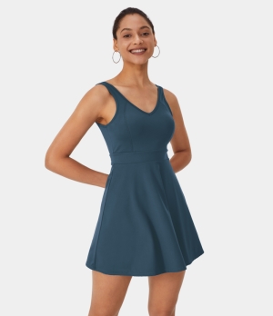 Halara V Neck Backless Side Pocket 2-Piece Flare Tennis Women's Dress Oxford Blue | 496853-BIY