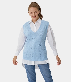 Halara V Neck Basic Plain Knit Vest Women's Tops Carolina Blue | HLMBSVE-29