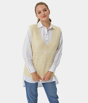 Halara V Neck Basic Plain Knit Vest Women's Tops Light Beige | NQTUSCM-72