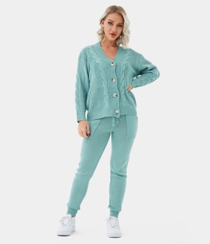 Halara V Neck Button Front Plain Ribbed Cardigan Women's Tops Pistachio | UZIXPWT-42