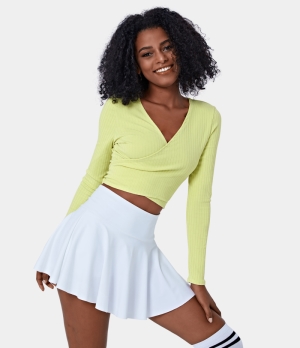 Halara V Neck Crossover Tie Back Plain Cropped Sports Women's Tops Celery Green | JONEACB-65
