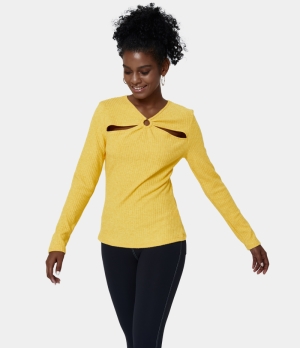 Halara V Neck Cut Out Ribbed Knit Plain Women's Tops Cream Gold | FOKHGLT-26