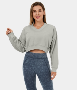 Halara V Neck Dropped Shoulder Cropped Casual Pullover Sweatshirt Women's Tops Blue Fox | LAXPYTV-08