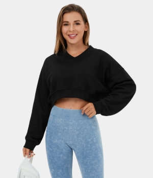 Halara V Neck Dropped Shoulder Cropped Casual Pullover Sweatshirt Women's Tops Black | TAQJZSM-68