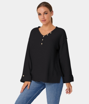 Halara V Neck Flounce Sleeve Button Plain Sweater Women's Tops Black | MCGZOLB-82