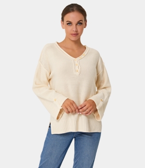 Halara V Neck Flounce Sleeve Button Plain Sweater Women's Tops White | VGSJWPL-49