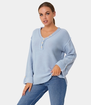 Halara V Neck Flounce Sleeve Button Plain Sweater Women's Tops Pearl Blue | VRJHKEW-89
