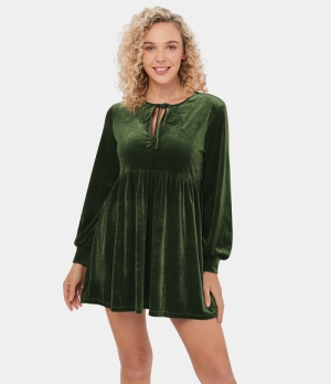 Halara V Neck Lace Up Velvet Mini Flare Casual Women's Dress Kombu Green | 071658-VLD