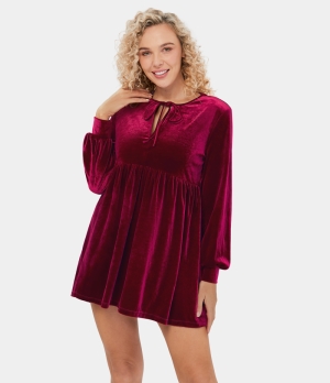 Halara V Neck Lace Up Velvet Mini Flare Casual Women's Dress Biking Red | 160453-END