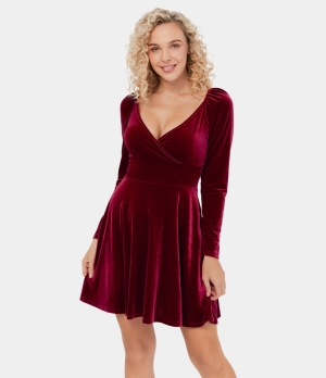 Halara V Neck Plicated Side Zipper Velvet Mini Flare Casual Women's Dress Wine Red | 491026-WDM