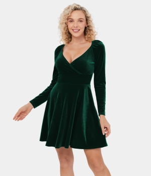 Halara V Neck Plicated Side Zipper Velvet Mini Flare Casual Women's Dress Christmas Green | 951607-BUZ