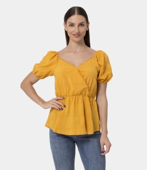 Halara V Neck Puff Sleeve Blouse Women's Tops Goldenrod | ULMRAGZ-02