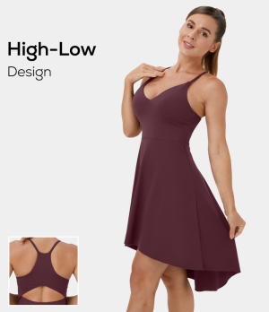Halara V Neck Racerback Cut Out High Low Barre Ballet Dance Women's Dress New Maroon | 340762-MBK