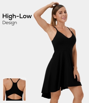 Halara V Neck Racerback Cut Out High Low Barre Ballet Dance Women's Dress Black | 608134-WDJ