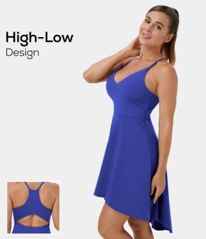 Halara V Neck Racerback Cut Out High Low Barre Ballet Dance Women's Dress Amparo Blue | 826713-XKI