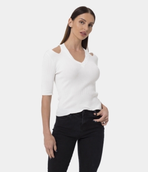 Halara V Neck Ribbed Split Sleeve Women's Tops White | IWJSXLH-10