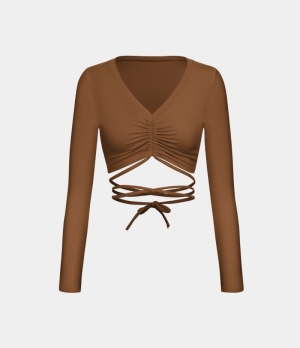 Halara V Neck Ruched Crisscross Lace Up Cropped Yoga Sports Women's Tops Brown | AOJCKNF-94