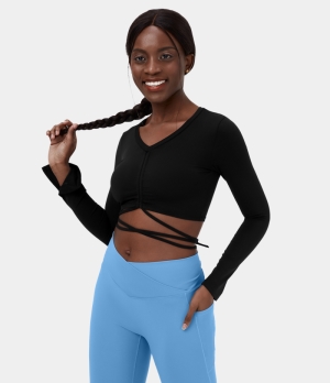 Halara V Neck Ruched Crisscross Lace Up Cropped Yoga Sports Women's Tops Black | EAMXQDS-32