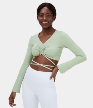 Halara V Neck Ruched Crisscross Lace Up Cropped Yoga Sports Women's Tops Dewkist | SAEQLWP-08