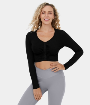 Halara V Neck Ruched Cropped Yoga Sports Women's Tops Black | ASPKCIL-01