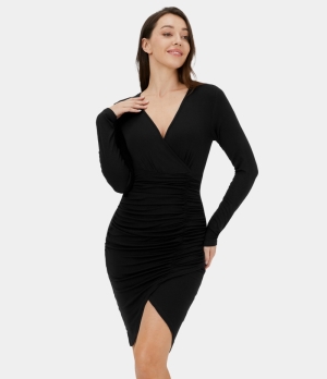 Halara V Neck Ruched Crossover Hem Bodycon Mini Casual Women's Dress Black | 982561-OKJ