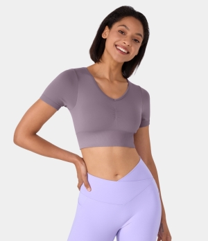 Halara V Neck Ruched Short Sleeve Cropped Yoga Sports Women's Tops Wisteria | GBZUNEM-51