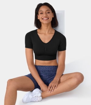 Halara V Neck Ruched Short Sleeve Cropped Yoga Sports Women's Tops Black | JZLOIPF-65