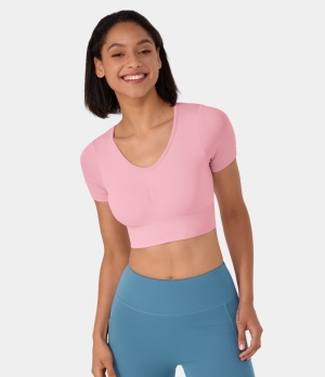 Halara V Neck Ruched Short Sleeve Cropped Yoga Sports Women's Tops Rose Quartz | LFVNWCQ-69