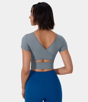 Halara V Neck Short Sleeve Backless Crisscross Cut Out Cropped Barre Ballet Dance Women's Tops Citadel | RJXDUMH-20
