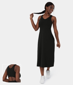 Halara V Neck Side Pocket Cut Out Midi Casual Women's Dress Black | 625371-DUF