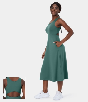 Halara V Neck Side Pocket Cut Out Midi Casual Women's Dress Blue Spruce | 950326-ACV