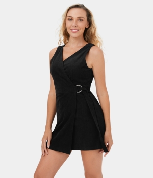 Halara V Neck Sleeveless Backless Belted Corduroy Mini Casual Women's Dress Black | 371209-LRY