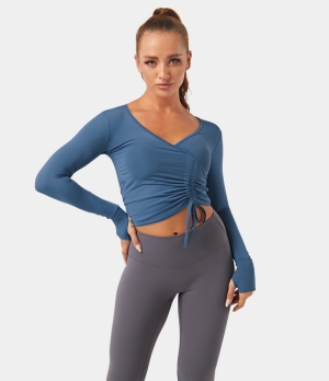 Halara V Neck Thumb Hole Drawstring Ruched Cropped Sports Women's Tops Deep Powder Blue | EYAGDHU-47