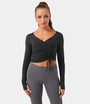 Halara V Neck Thumb Hole Drawstring Ruched Cropped Sports Women's Tops Black | UKSGDVT-85