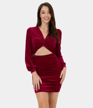 Halara V Neck Twisted Cut Out Velvet Bodycon Mini Casual Women's Dress Wine Red | 049365-DNH