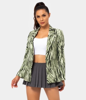 Halara V Neck Watercolor Print Blazer Women's Tops Moss Green | LBOWRFC-34