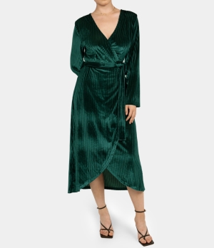 Halara V Neck Wrapped Belted Lace Up Velvet Midi Casual Women's Dress Rain Forest | 086293-YHN