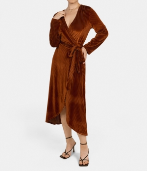 Halara V Neck Wrapped Belted Lace Up Velvet Midi Casual Women's Dress Arabian Spice | 568302-OVD