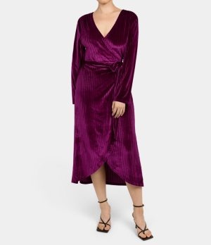 Halara V Neck Wrapped Belted Lace Up Velvet Midi Casual Women's Dress Raspberry Radiance | 908432-HJS